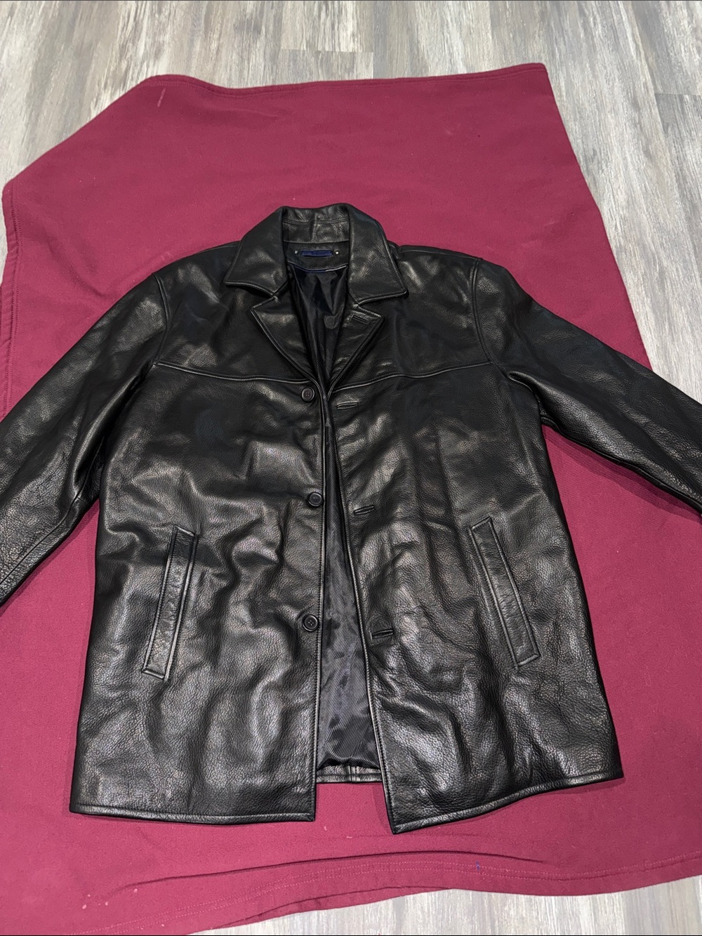 Men's Black Leather Pea Coat - Sleek Button-Front Jacket